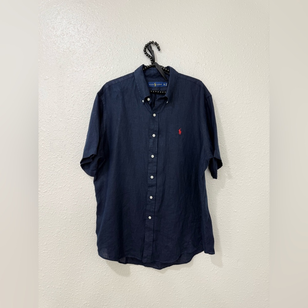 Polo Ralph Lauren Linen Shirt XL Navy Short Sleeve Button Down Pony Logo
